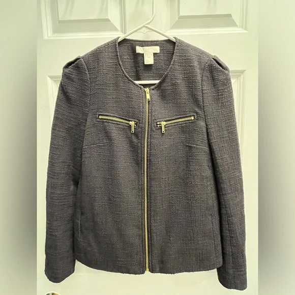 H&M Charcoal Textured Tweed Jacket Blazer with Gold Details - Picture 3 of 8
